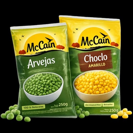 Paquetes de arvejas y choclo congelados McCain
