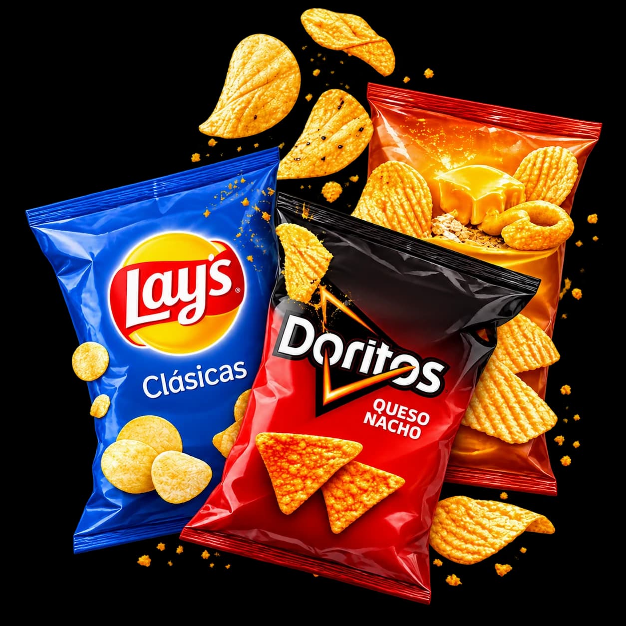 Variedad de paquetes de snacks y papas fritas