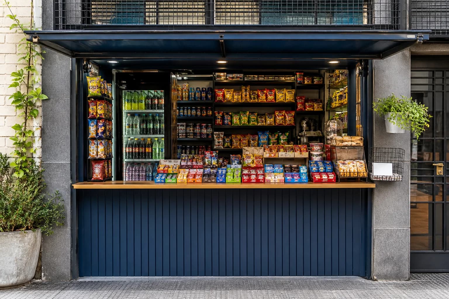 Kiosco moderno con productos de consumo diario