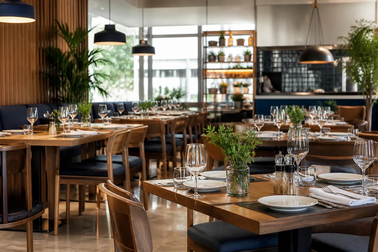 Restaurante moderno con mesas preparadas para el servicio