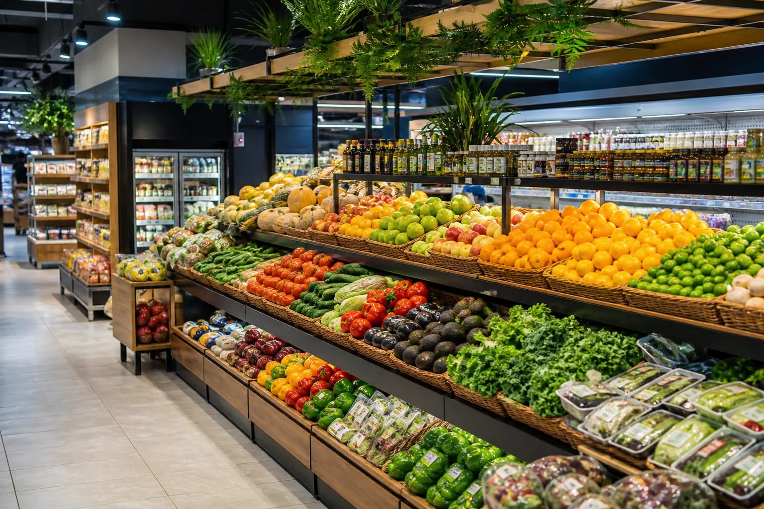Supermercado moderno con una amplia sección de productos frescos