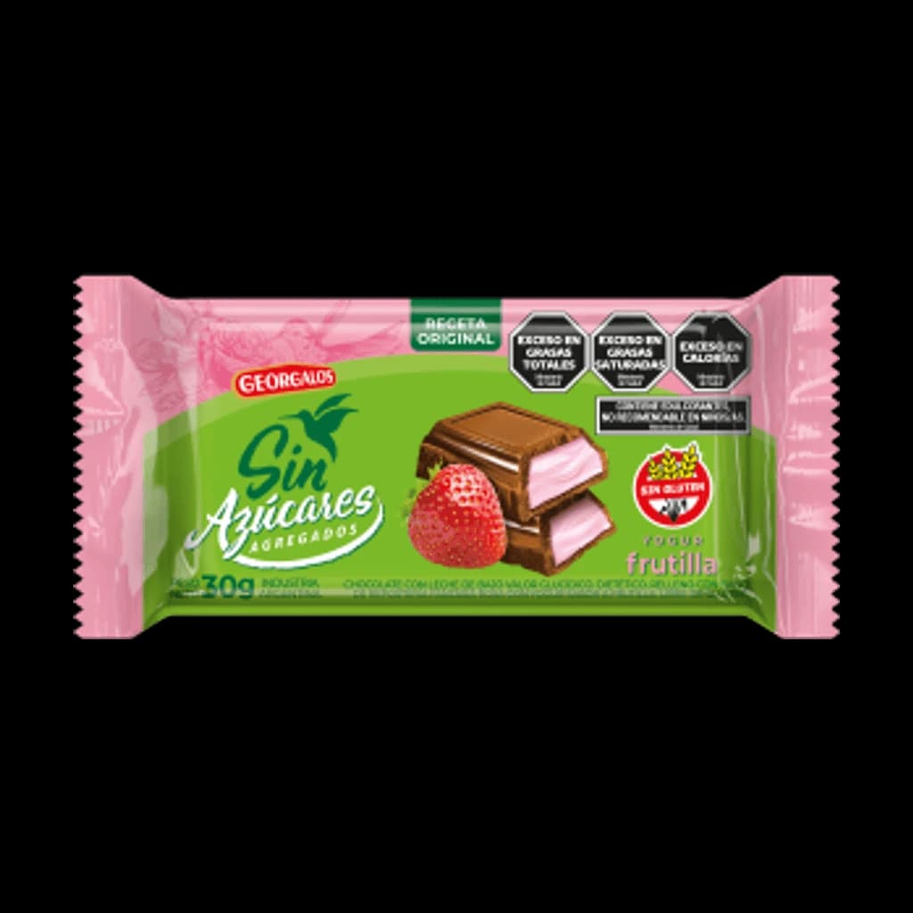 Georgalos Sin Azúcares Chocolate relleno Yogur Frutilla - 30 g, 12 unidades · Display