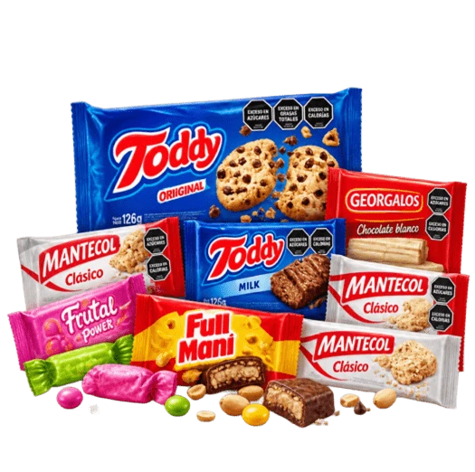 Surtido de galletitas, chocolates Mantecol y caramelos