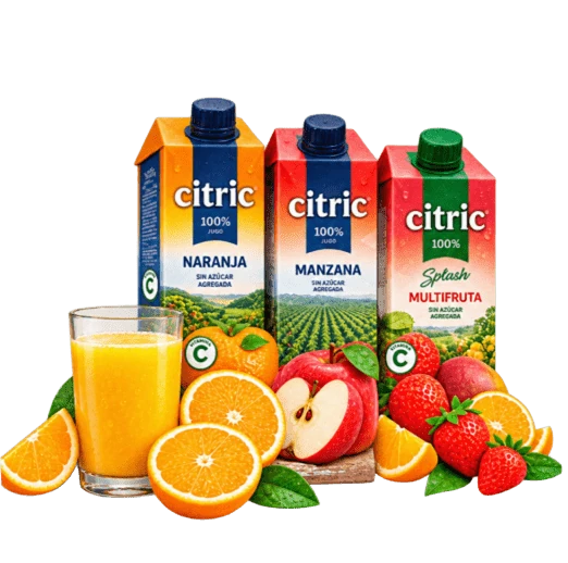 Tres envases de jugos Cítric con frutas y un vaso de jugo de naranja